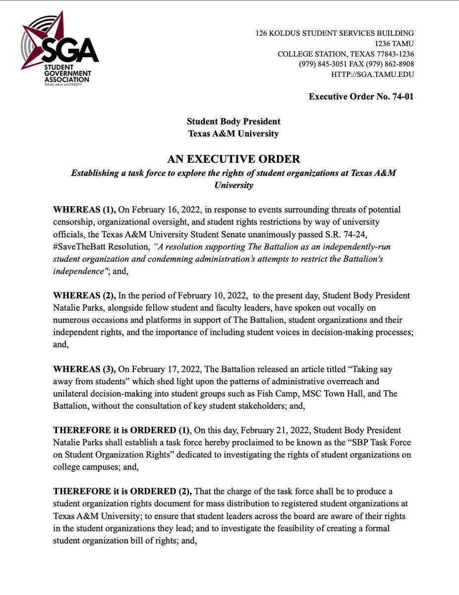 tamu_sbp's tweet photo. I have formally issued Executive Order 74-01, attached below, to establish a task force dedicated to exploring the rights of student organizations at @TAMU. 

All students are welcome to apply at https://t.co/iAhAlhTZfi 👍 Submit your application by March 2nd at 11:59 PM! https://t.co/Gv40f96Jdz