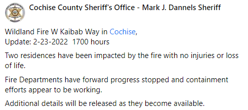 CCFirenIncident's tweet photo. ~1700: Per CCSO- #ForwardProgressStopped- 1700 hours
Two residences have been impacted by the fire with no injuries or loss of life.
Fire Departments have forward progress stopped and containment efforts appear to be working. https://t.co/gMoJMEKypo