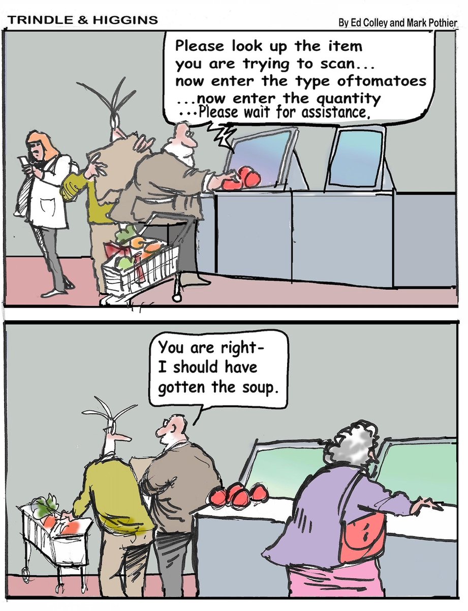 TrindleHiggins's tweet image. Self-checkout doesn't always save time at the #supermarket. A new @TrindleHiggins comic!