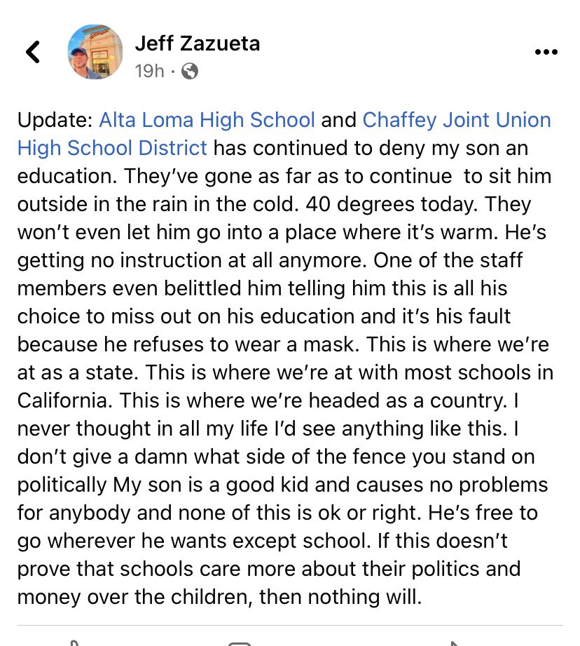 As a former teacher at said school and district this infuriates me. Read the last 3 sentences and tell me why I shouldn’t be? Especially the next to last sentence. 77,000 were at the Super Bowl, most unmasked. But not allowed at school…..