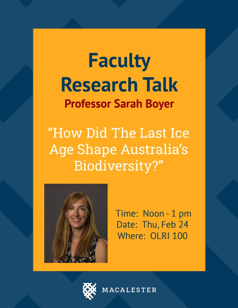 MacalesterBio's tweet photo. #heymac we are thrilled to host our next departmental seminar tomorrow (feb 24 at noon)🎉 Join @sarahlewisboyer to know more about the last Ice Age and how it shaped 🌏 biodiversity 🕷️🦋🦗🦘 @MacalesterBio @Macalester https://t.co/FjmQl85heU