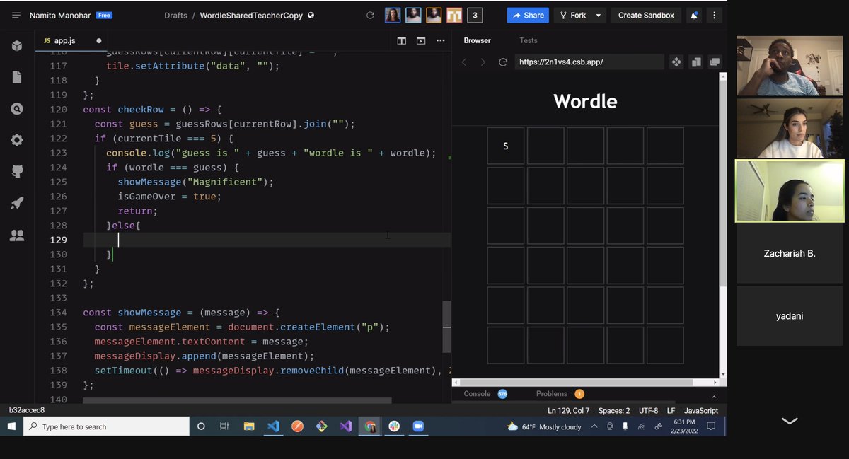 We're back for Day 2 of building our JavaScript version of Wordle. Our kids are learning about APIs and JSON today 🥳 #includethem <a href="/nytimes/">The New York Times</a> 

#blacksintech #Diversity #diversityintech #tech #BlackTechTwitter #javascriptdeveloper #education #equity #Wordle #womenintech