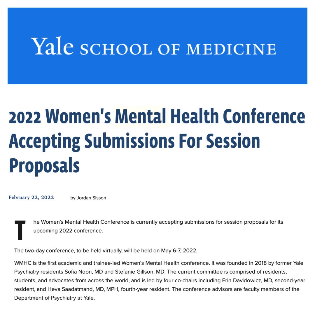 The Women's Mental Health Conference (@yalewmhc) on Twitter photo Read about this year's conference and how to submit your session proposal before the deadline in this article by Yale's Jordan Sisson! <a href="/YaleMed/">Yale School of Medicine</a> Read about this year's conference and how to submit your session proposal before the deadline in this article by Yale's Jordan Sisson! <a href="/YaleMed/">Yale School of Medicine</a>