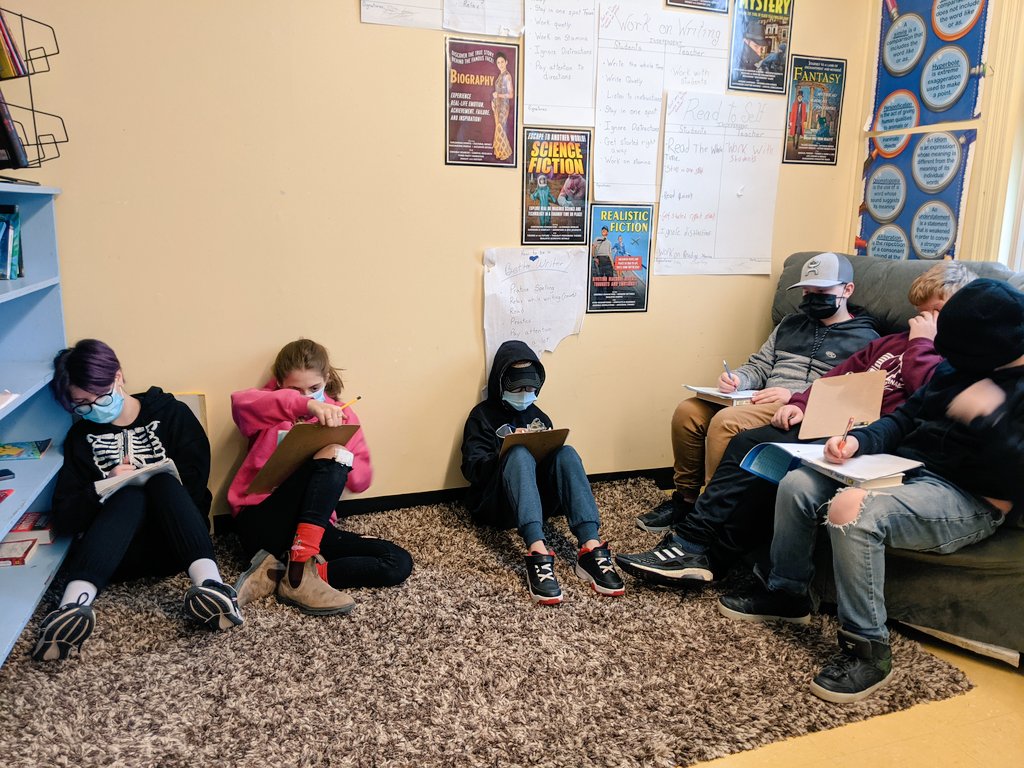 MsTrudyPiercey's tweet photo. Thinking and writing can happen anywhere. Grade 6 ELA @bishopwhiteNL are engaged. Comfort is key. https://t.co/wULv5S8Ljm