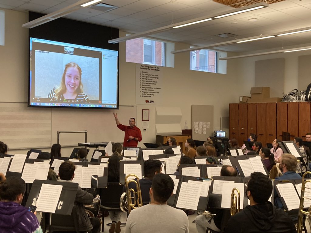 UIWBands's tweet photo. What an honor and a pleasure it was to virtually welcome Grace Baugher, composer to our rehearsal just a few days before we play her piece “Remember the Remarkables” in concert. Thank you for taking the time to speak with us! https://t.co/vNk8lOrdPf