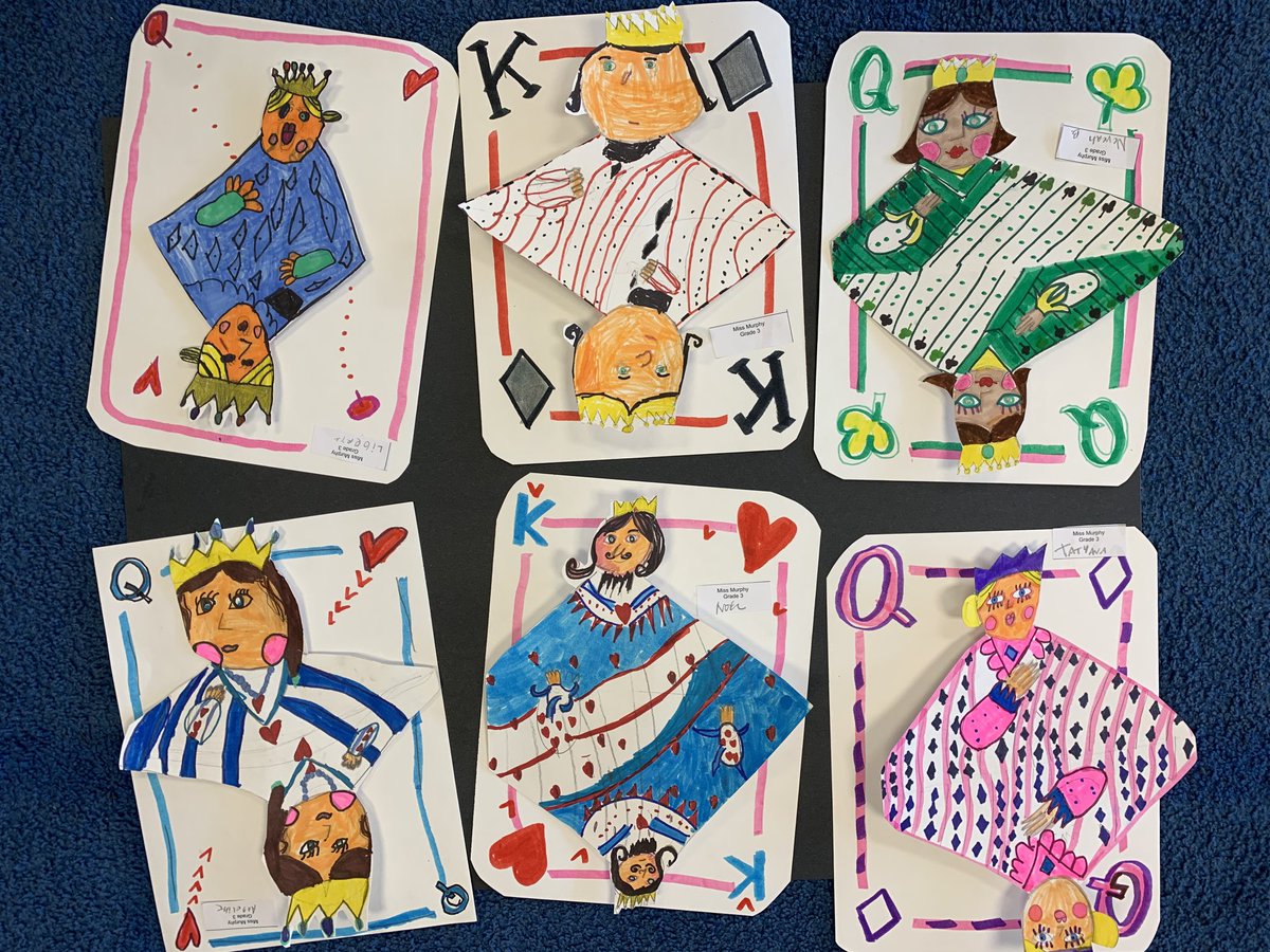 Miss Murphy’s third grade students created designs for playing cards in a unit on Renaissance art!  Students applied the idea of symmetrical balance in their colorful designs! ⁦<a href="/muhlsd/">Muhlenberg SD</a>⁩ #MECpride