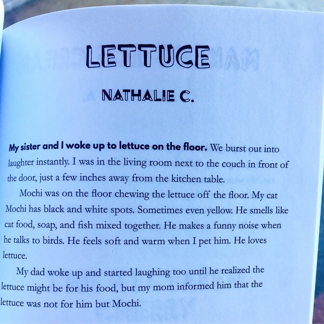 826LA's tweet photo. #StudentWritingWednesday Student Author Nathalie C. is a student in 826LA's Tutoring program. We don't know about you, but we'd love to read more stories about Nathalie's family and her lettuce-loving cat, Mochi🐱🥬 https://t.co/sfD82znsfD