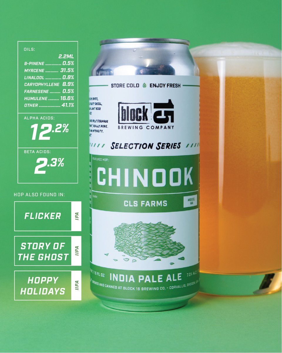 Selection Series Chinook! Our second release in Selection Series! Coming from CLS Farms up in Moxee, WA, we brewed this IPA exclusively with Chinook hops to show its vibrant candied citrus, pine, and light rose... instagram.com/p/CaVq_zPv1jW/ #Corvallisoregon #block15brewing