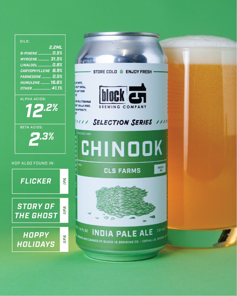 Selection Series Chinook! Our second release in Selection Series!

Coming from CLS Farms up in Moxee, WA, we brewed this IPA exclusively with Chinook hops to show its vibrant candied citrus, pine, and light rose...

instagram.com/p/CaVq_zPv1jW/

#Corvallisoregon #block15brewing