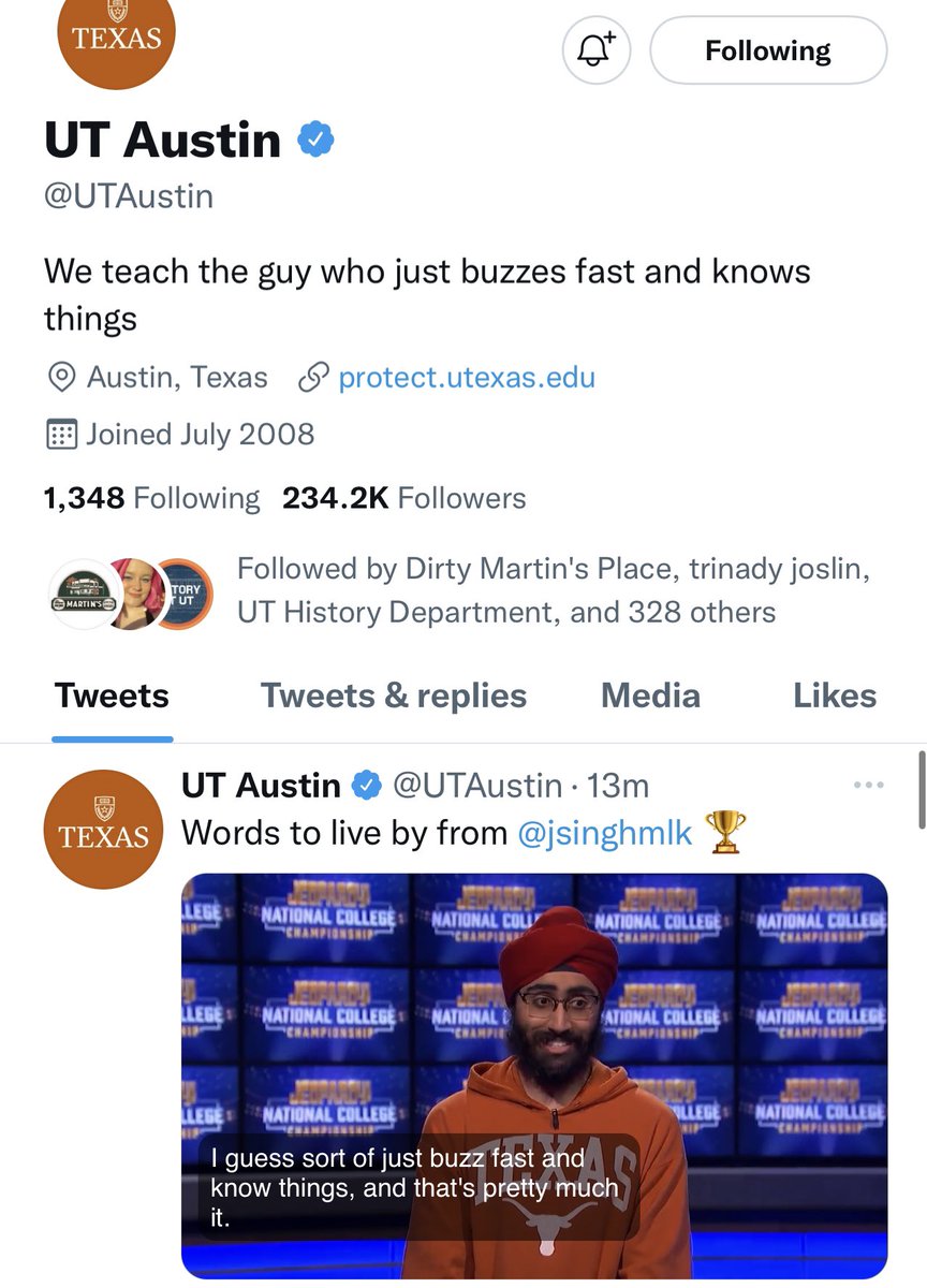 lmao so the <a href="/UTAustin/">UT Austin</a> Twitter bio update in honor of <a href="/jsinghmlk/">Jaskaran Singh</a>’s <a href="/Jeopardy/">Jeopardy!</a> W is incredible 🤘🤘🤘 #HookEm