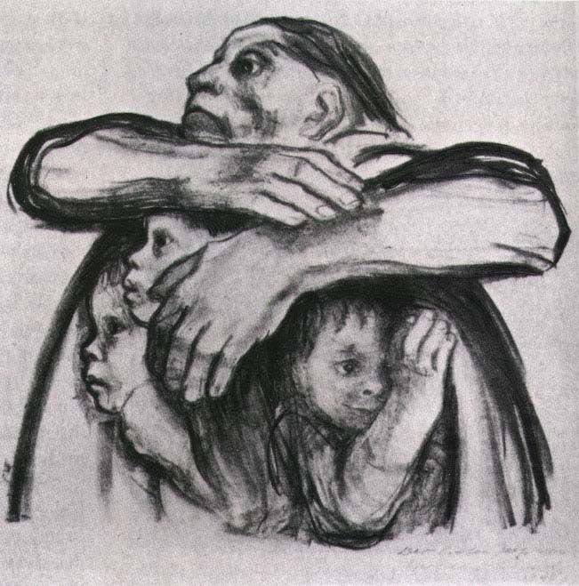 "Seed Corn Must Not Be Ground" final lithograph of Käthe Kollwitz, 1942. The death of her son in battle in 1914 profoundly affected the artist, who expressed her grief by creating many prints on the theme of mothers protecting their children from the horrors of war #WomensArt