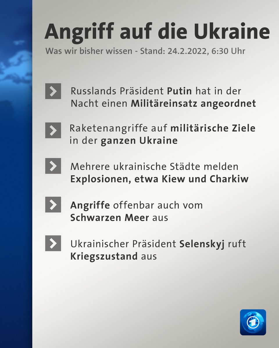 tagesschau's tweet photo. Russland hat mit Angriffen auf die Ukraine begonnen. Das russische Militär hat nach eigenen Angaben ukrainische Luftwaffenstützpunkte ins Visier genommen. Explosionen waren auch in Städten wie Kiew, Odessa oder Charkiw zu hören. https://t.co/KtiHAt7N0R