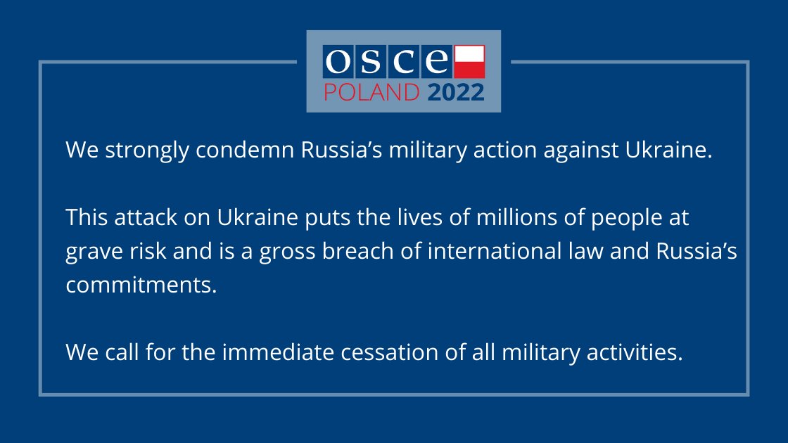 PLinOSCE's tweet photo. The OSCE Chairman-in-Office, FM @RauZbigniew and OSCE Secretary General @HelgaSchmid_SG condemned the launch by President Putin of a military operation in Ukraine and made the following statement ➡️https://t.co/3uEnPrNHSV https://t.co/8HE20JoiRS