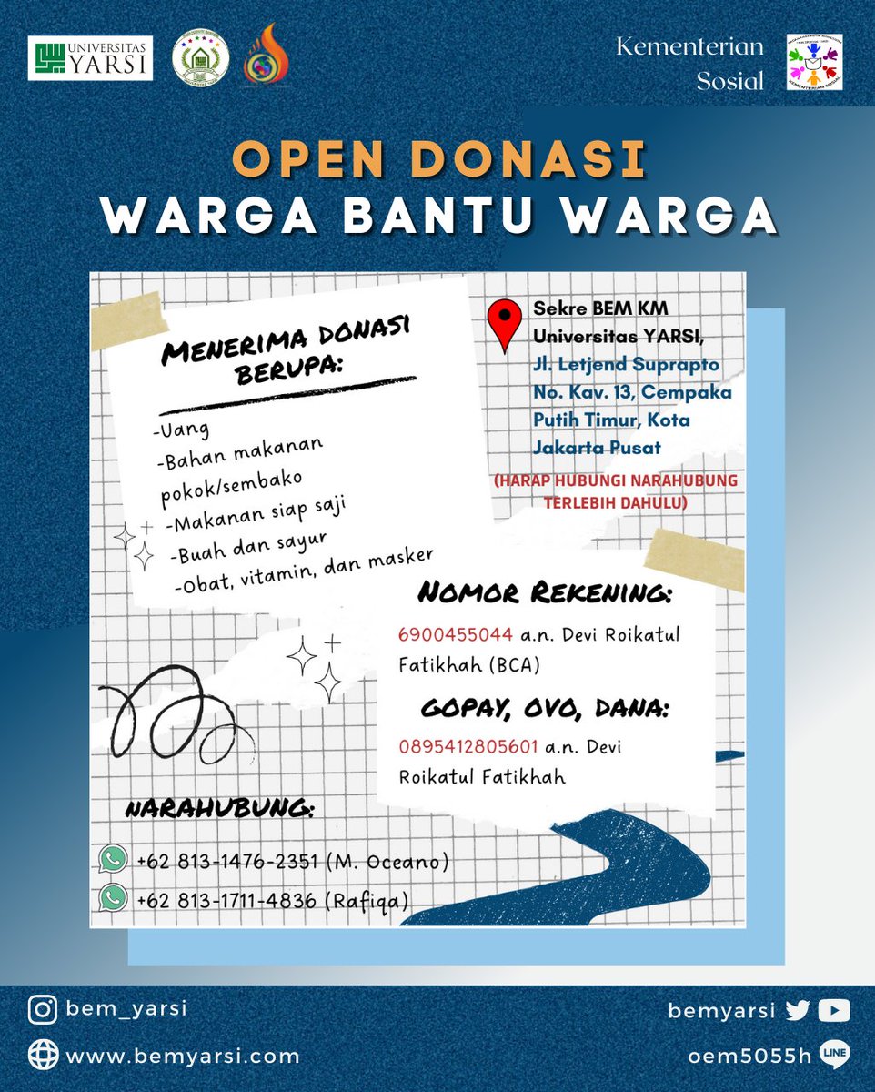 [OPEN DONASI WARGA BANTU WARGA]

Pandemi yg angkanya tiap hari melonjak memberikan dampak besar pada masyarakat, maka kami dari BEM YARSI mengajak untuk membantu memberikan donasi bagi penyintas yang terdampak.

CP:
📱: +62 813-1476-2351 (M. Oceano)
📱: +62 813-1711-4836 (Rafiqa)
