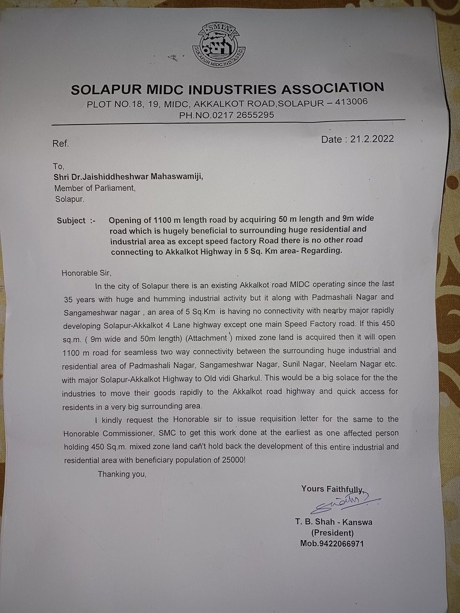GP4IND's tweet photo. I submitted an application to Honorable MP @drjaisiddeshwar Mahaswamiji &amp; @smcsolapur for opening of 1.1 Km long road in Padmashali Nagar area adjacent to MIDC area by acquiring just 450 Sq.m in a big debottlenecking exercise. I request both of them to follow it up. @PMOIndia https://t.co/UcChV3OiTo