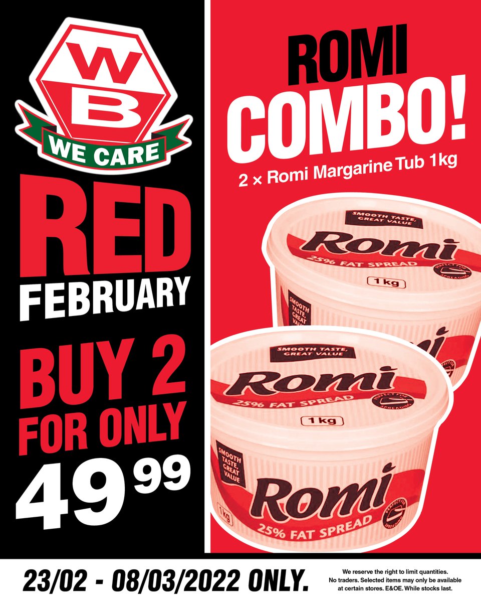WBSupermarkets's tweet photo. You Butter believe this Deal!‼️🔥😁 Get the Best for Less with Red February at Woermann, Brock! 💪😎💯 Now available at the following WB stores: https://t.co/DoOh2vZrS6 Valid until 08/03/2022. While stocks last. E&amp;OE. #woermannbrock #redfebruary #thecolourthatgivesyoumore https://t.co/vuESh5BiVW