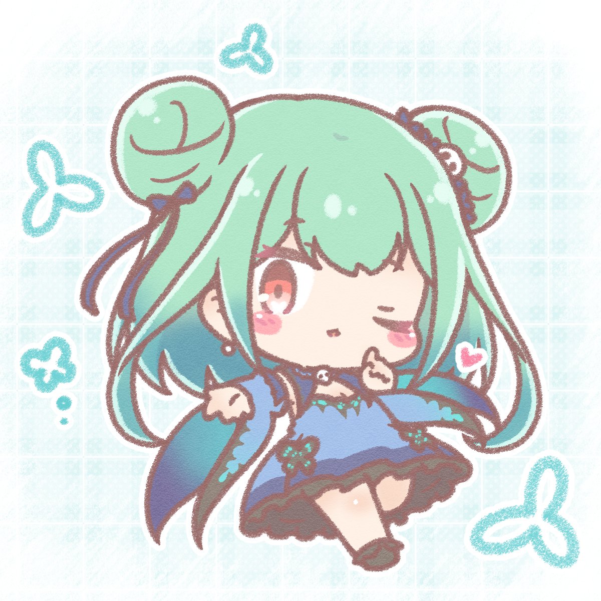 uruha rushia 1girl double bun chibi hair bun solo one eye closed green hair  illustration images