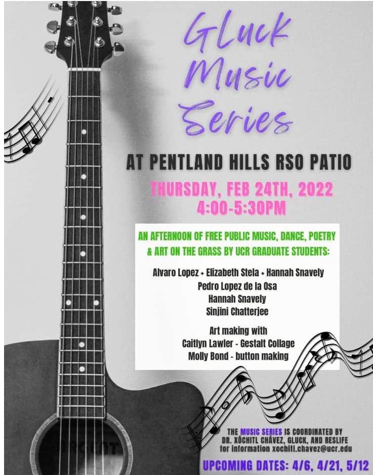 DraXochChavez's tweet photo. Come check out the first of four outdoor public events at #UCR Pentland Hill RSO patio! In partnership w/@GluckProgramUCR we are delighted to share w/ you, GLUCK MUSIC SERIES!
@ucrchass @UCRiverside #musicarts #supportthearts #publicprogramming https://t.co/OUlexs4eMx