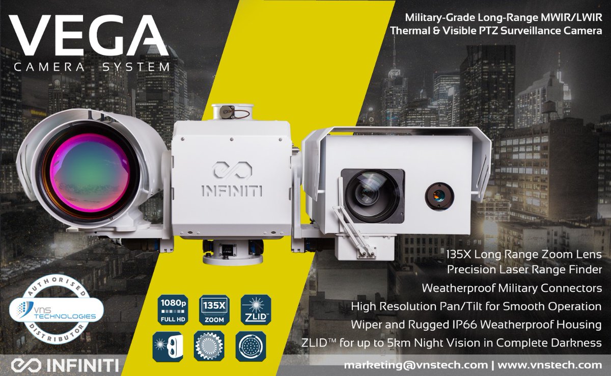 vnstech's tweet photo. A fully customizable multi-sensor EO-IR PTZ camera, the 𝐕𝐄𝐆𝐀 offers our longest range visible day/night zoom as well as our most advanced cooled or uncooled thermal infrared cameras.
#infinitelectrooptics #vega #vegacamera #militarygrade #longrange #VNS #VNSTechnologies https://t.co/msvlSJjKtJ