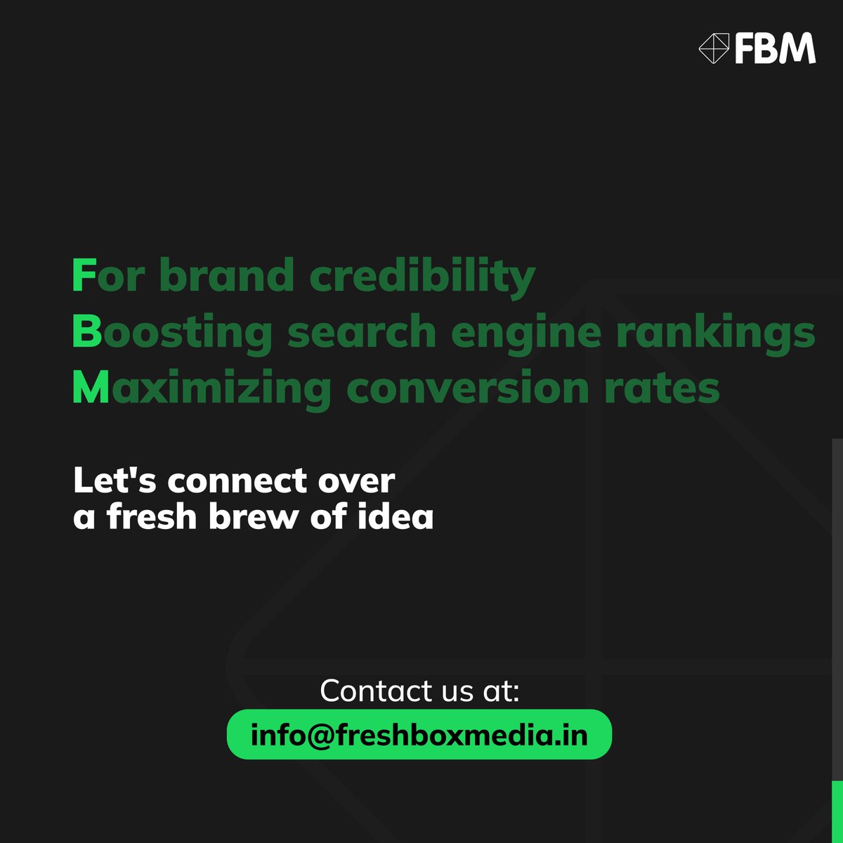 The core foundation of a brand’s success is a seamless concoction of a suitable strategy and coordinated actions.

#BeFresh #FreshboxMedia #FBM 

#seo #searchengineoptimaztion #conversionrate #digitalmarketing #creativestrategy #strategy #brandstrategy