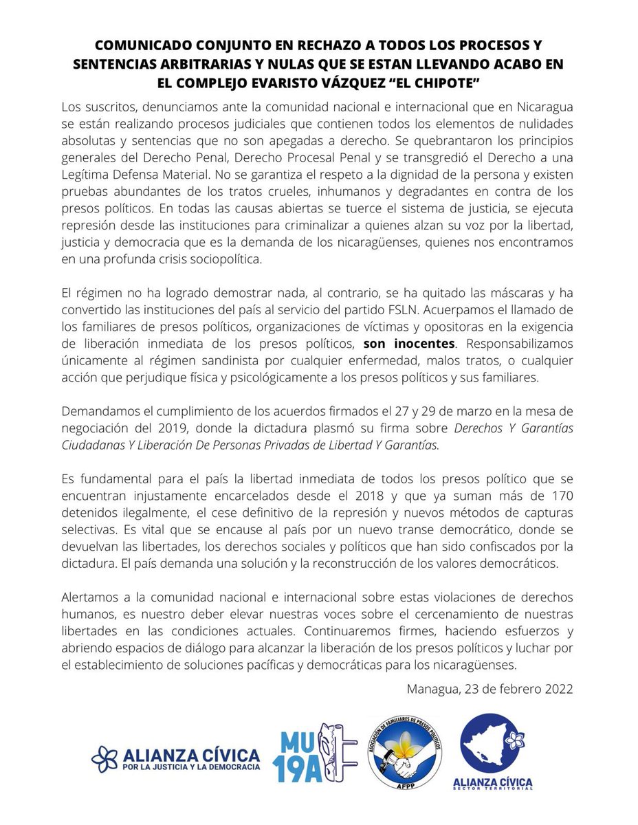 TerritoriosACJD's tweet photo. *#COMUNICADO CONJUNTO*| RECHAZAMOS TODOS LOS PROCESOS Y SENTENCIAS ARBITRARIAS Y NULAS QUE SE ESTÁN LLEVANDO A CABO EN EL COMPLEJO EVARISTO VÁSQUEZ “EL CHIPOTE”. https://t.co/yDuh3yyWPO