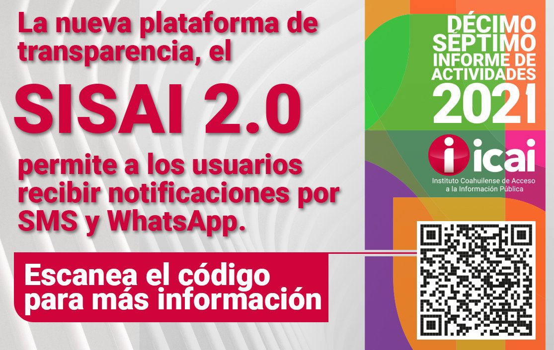 NorteSNT's tweet photo. Desde SMS y Redes sociales, todos al servicio de la #Transparencia
La plataforma #SISAI2.0 le permite a los usuarios recibir mensajes de texto y de WhatsApp.
¿Quieres saber más? Accesa al código QR.
#17InformeICAI https://t.co/P2pQjxfOLT