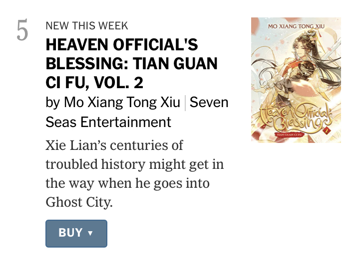 gomanga's tweet photo. Incredible news: our newest #MXTX release, HEAVEN OFFICIAL’S BLESSING (TIAN GUAN CI FU) Vol. 2, just debuted on the New York Times Best Sellers list for Paperback Trade Fiction at #5! 🎉

#HOB #TGCF #HeavenOfficialsBlessing #SevenSeasDanmei 

https://t.co/9E4crqYsv3 https://t.co/Tb383aY2Kb