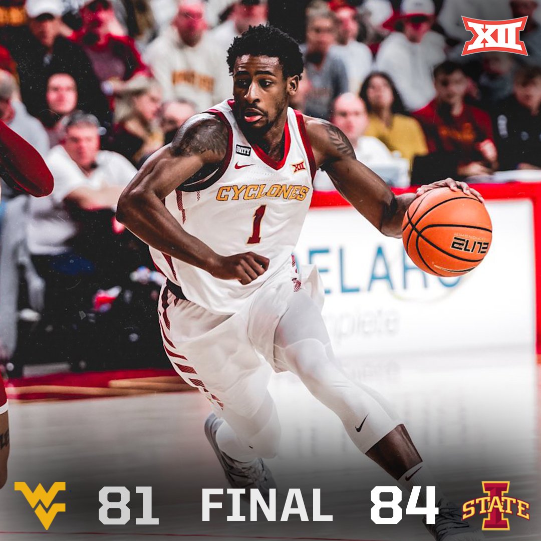 Final score from Ames 🏀 #Big12MBB 

<a href="/CycloneMBB/">Iowa State Men’s Basketball</a> improves to 19-9 overall and 6-9 in conference play