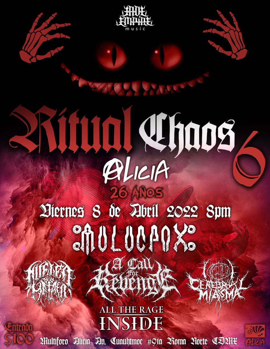 Nos vemos el 8 de abril en el Multiforo Alicia a las 8 pm en el #RitualChaos6 <a href="/MulucPax/">Muluc Pax</a> 
<a href="/acallforrevenge/">A Call For Revenge</a> 
Fueled by Hatred 
Cerebral Miasma