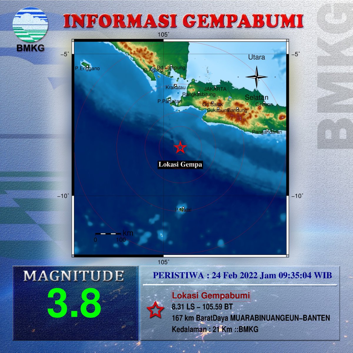 Info Gempa Mag:3.8, 24-Feb-22 09:35:04 WIB, Lok:8.31 LS - 105.59 BT (167 km BaratDaya MUARABINUANGEUN-BANTEN), Kedlmn: 21 Km ::BMKG