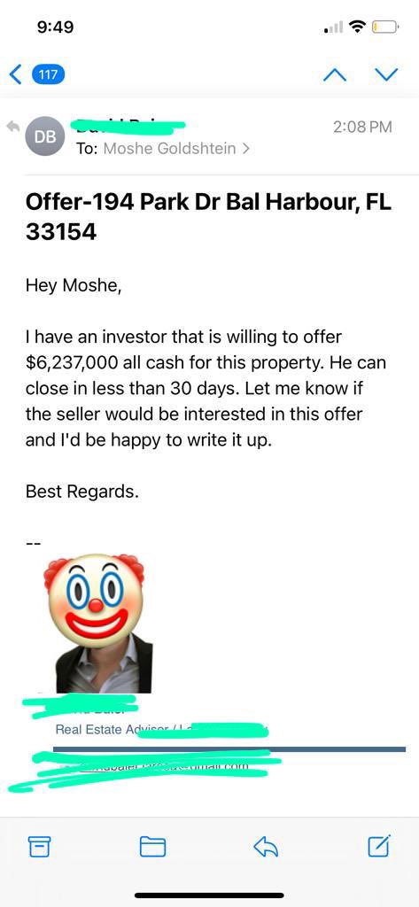 Thanks for the lowball bro! Great strategy in this market to offer over $3M below asking price.