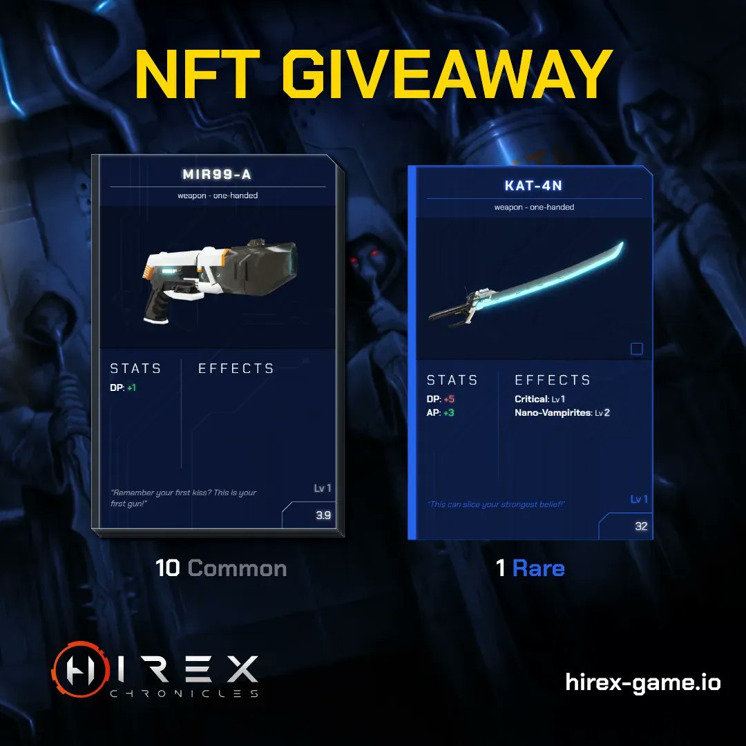 Free NFTs? Say no more.
The first FREE HIREX NFTs GIVEAWAY is about to start!
buff.ly/3t42S2h
 
Join the giveaway and grab your chance at the pool prizes.
10 Common NFTs guns and 1 Rare NFTs Katana are waiting for you!  ☄️☄️

#hirex_game #nft #crypto #playtoearn