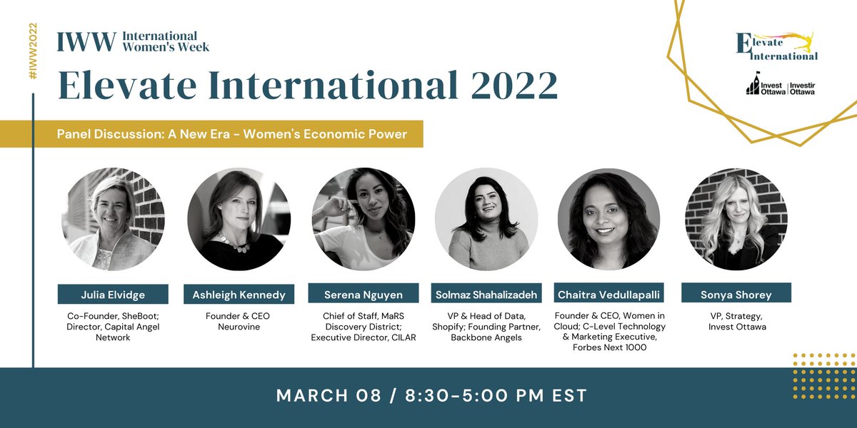 Scaling the Tech C-Suite: Empowering Women Leaders to Transform Our Tech Industry  National Economy. Join  <a href="/elevateintlorg/">Elevate International</a> &amp; <a href="/Invest_Ottawa/">Invest Ottawa</a> for this 'Economic Empowerment Session' &amp; free full-day IWD conference. Join us Mar. 8 @ 11AMEST. All are welcome: bit.ly/3vhdg9J