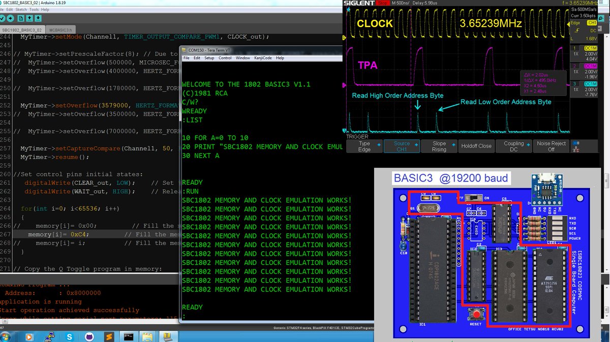 Arduining's tweet image. Running #BASIC3 at 9600 baud in the emulated #SBC1802 
#STM32F4 serving 3.65MHz CLOCK signal and 64K memory to a real #CDP1802.
#COSMAC #retrocomputer