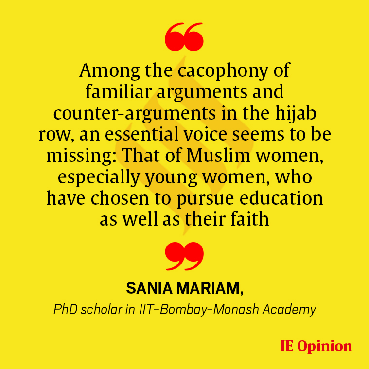 IndianExpress's tweet photo. #ExpressOpinion | Muslim women’s voices are infantilised, dismissed, and they are forced to choose between false binaries such as education or hijab, Indianness or Muslimness, writes Sania Mariam  

https://t.co/VM2qL3npl5 https://t.co/7dlUZgZXXy