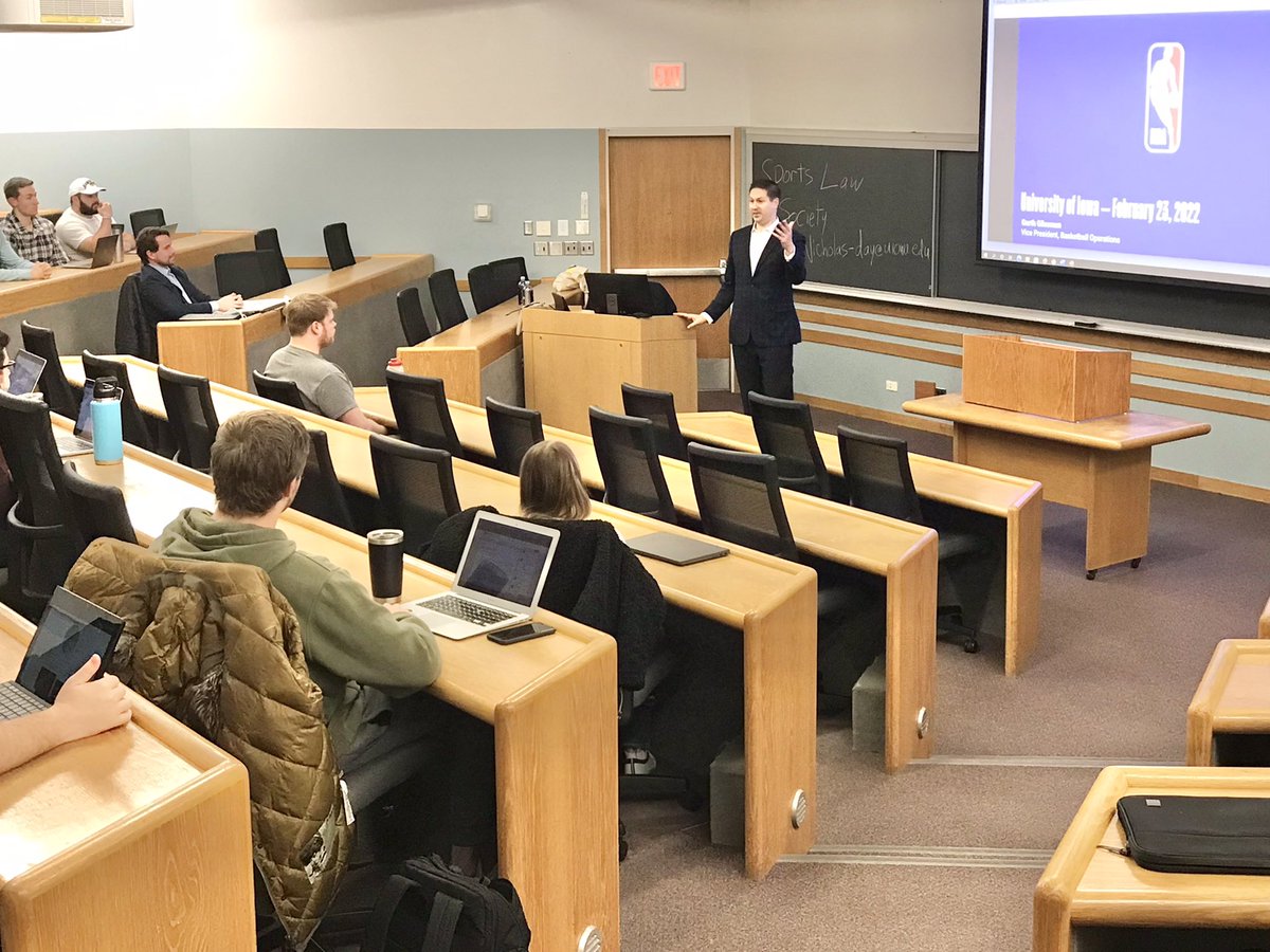DanMatheson's tweet photo. Another incredible opportunity for @IowaLawSchool and @UISportRecMgmt students to learn from NBA exec @GarthGlissman today! Many thanks, Garth, for your generosity, expert insights on league operations and professional development advice! #sportslaw #SportsBiz #uiowa #UISRM https://t.co/R6ovRXpgEg