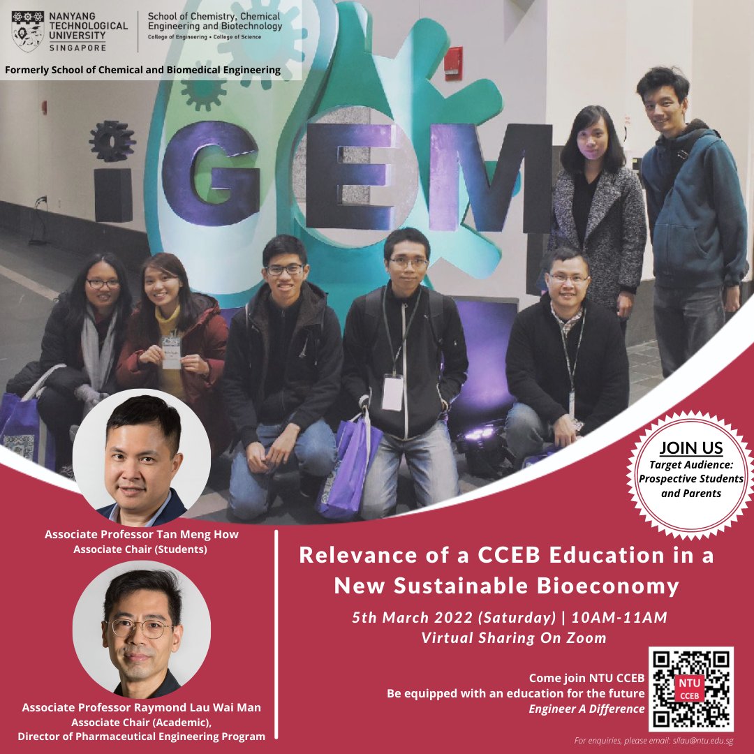 GET TO KNOW US:  
Join us and meet our top-notch and dynamic professors for an insightful session where they will share the relevance of a CCEB education in a new sustainable bioeconomy.
Register in advance for this Zoom meeting:
ntu-sg.zoom.us/meeting/regist…