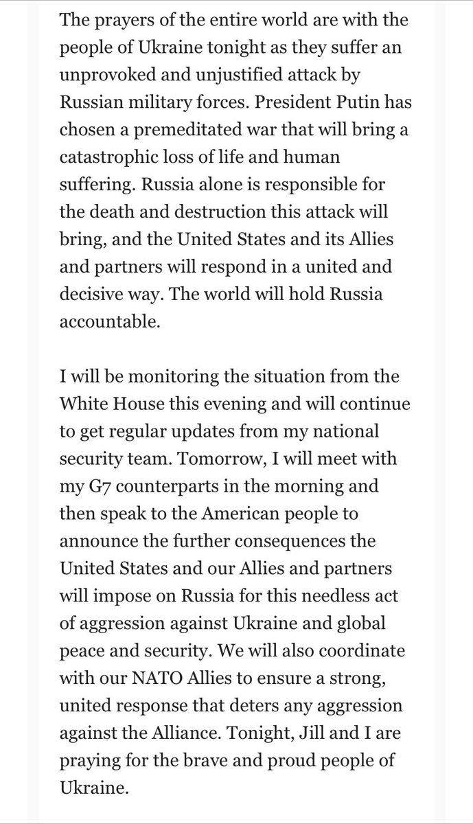 KellyO's tweet image. NEW: President Biden statement on Russia military attack against Ukraine.