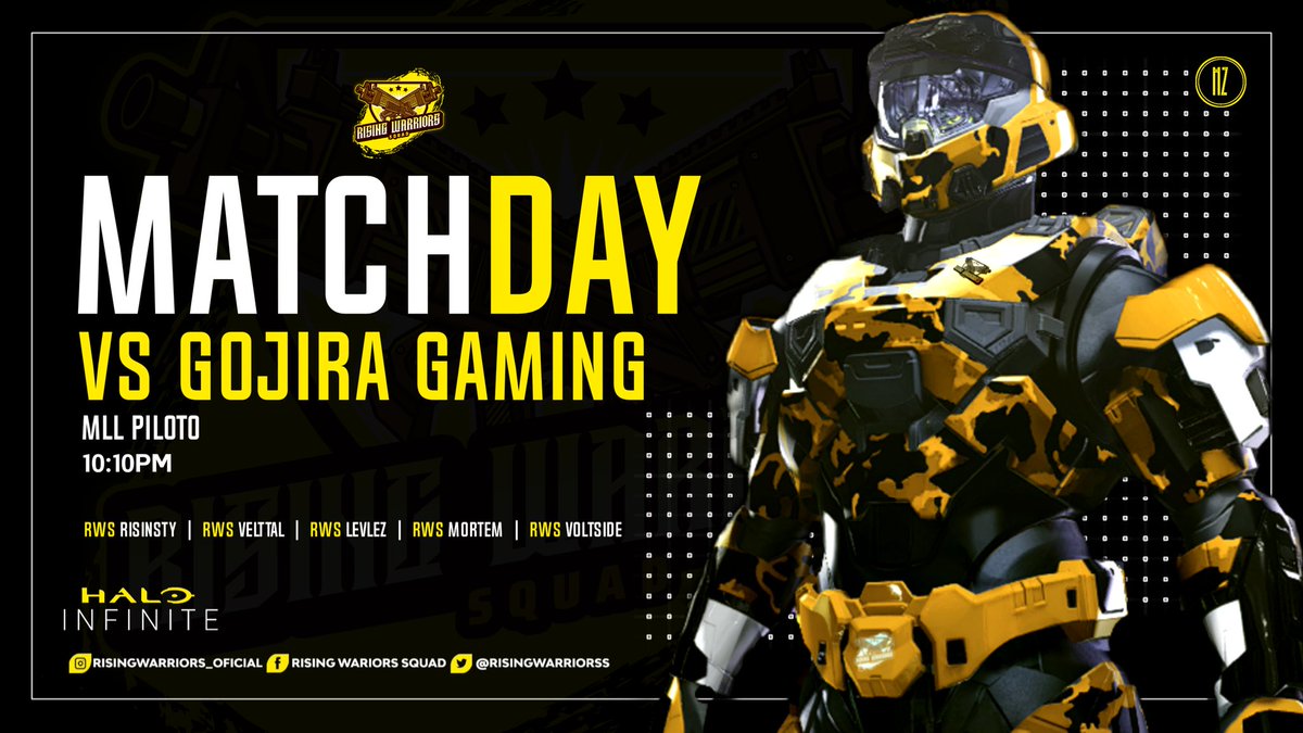 ¡¡Match Day!!

Today, our team of Halo 💛 faces the <a href="/GojiraGaming/">Gojira Gaming</a> in the <a href="/DeporteDigitalH/">Deporte Digital 01</a> league at 10:10pm.

Roster:
<a href="/Veltal_/">Veltal</a> 💛
<a href="/MQRTEM/">Abdiel</a> 💛
<a href="/Risinstyle/">Risinstyle 🇲🇽</a> 💛
<a href="/TheWarriorCesar/">TheWarriorCesar</a> 💛
<a href="/anconaaa_/">Mario-neta</a> 💛

Link stream:
twitch.tv/risinstyle

Designer:@Samhz9 💛

#GoRWS 💛