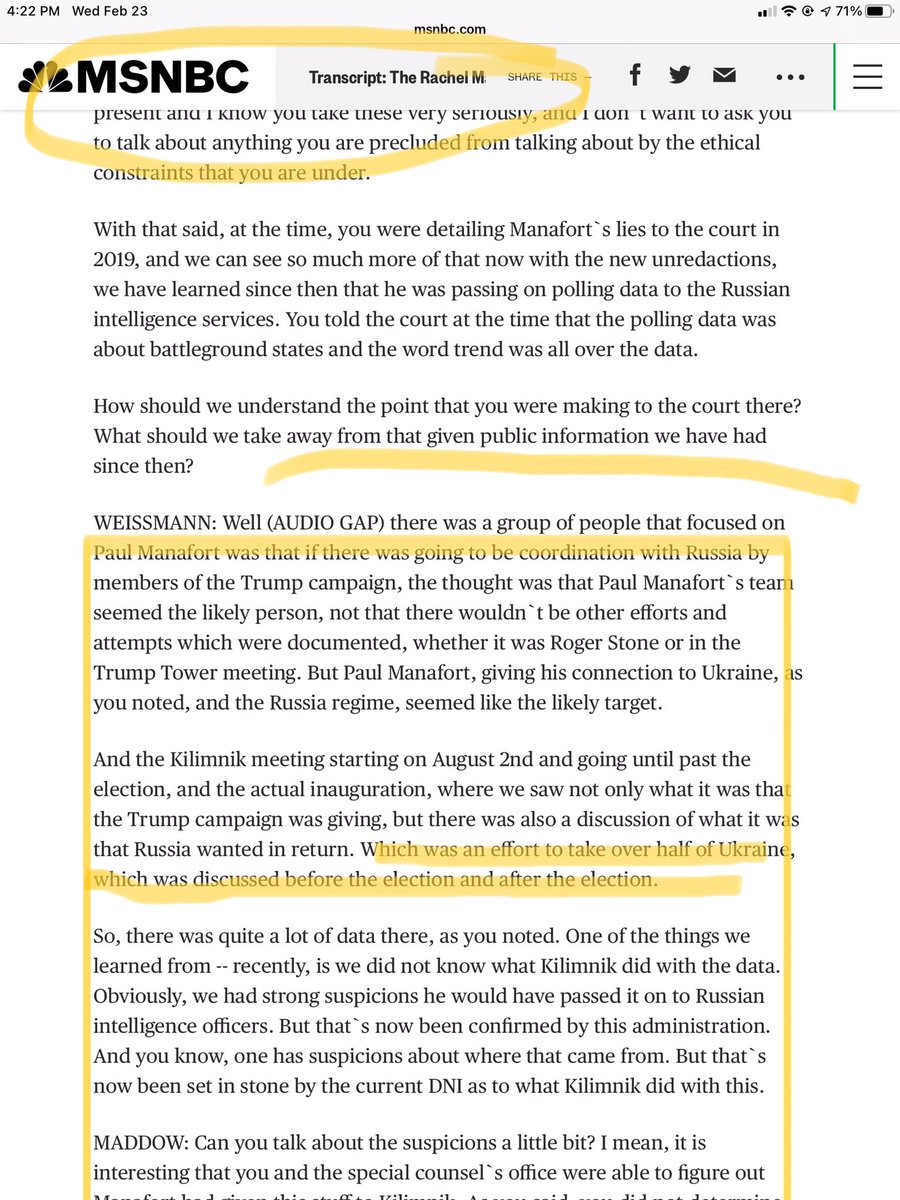 @TheRickWilson Putin’s plan all along. He made a deal with Manafort to help the Trump campaign for a return of 1/2 of Ukraine. This is from a Maddow interview, 5/24/21,with the prosecutor of Paul Manafort, Andrew Weissmann…👇🏼