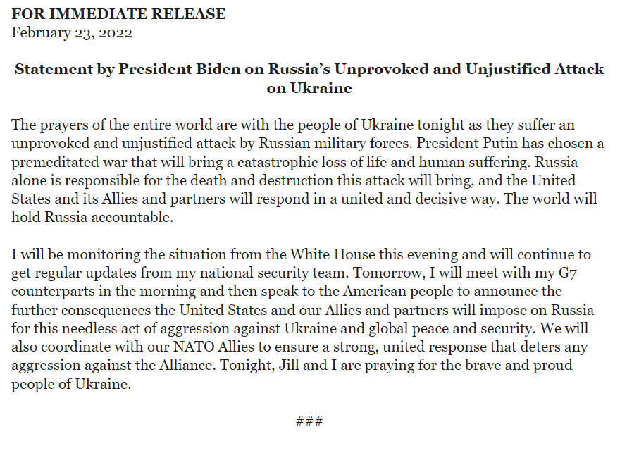 eixopolitico's tweet photo. 🇷🇺🇺🇦 | 🇺🇸 URGENTE: Presidente dos EUA, Joe Biden emite comunicado sobre invasão russa na Ucrânia.

“Putin escolheu uma guerra premeditada que trará uma perda catastrófica de vidas e sofrimento humano. A Rússia sozinha é responsável pela morte e destruição que este ataque trará”. https://t.co/H3CDf6E4mm