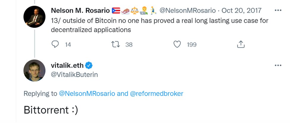 BitTorrent's tweet image. .@VitalikButerin likes us too, having named "#BitTorrent" as a long-lasting use case for decentralized applications outside of #Bitcoin.