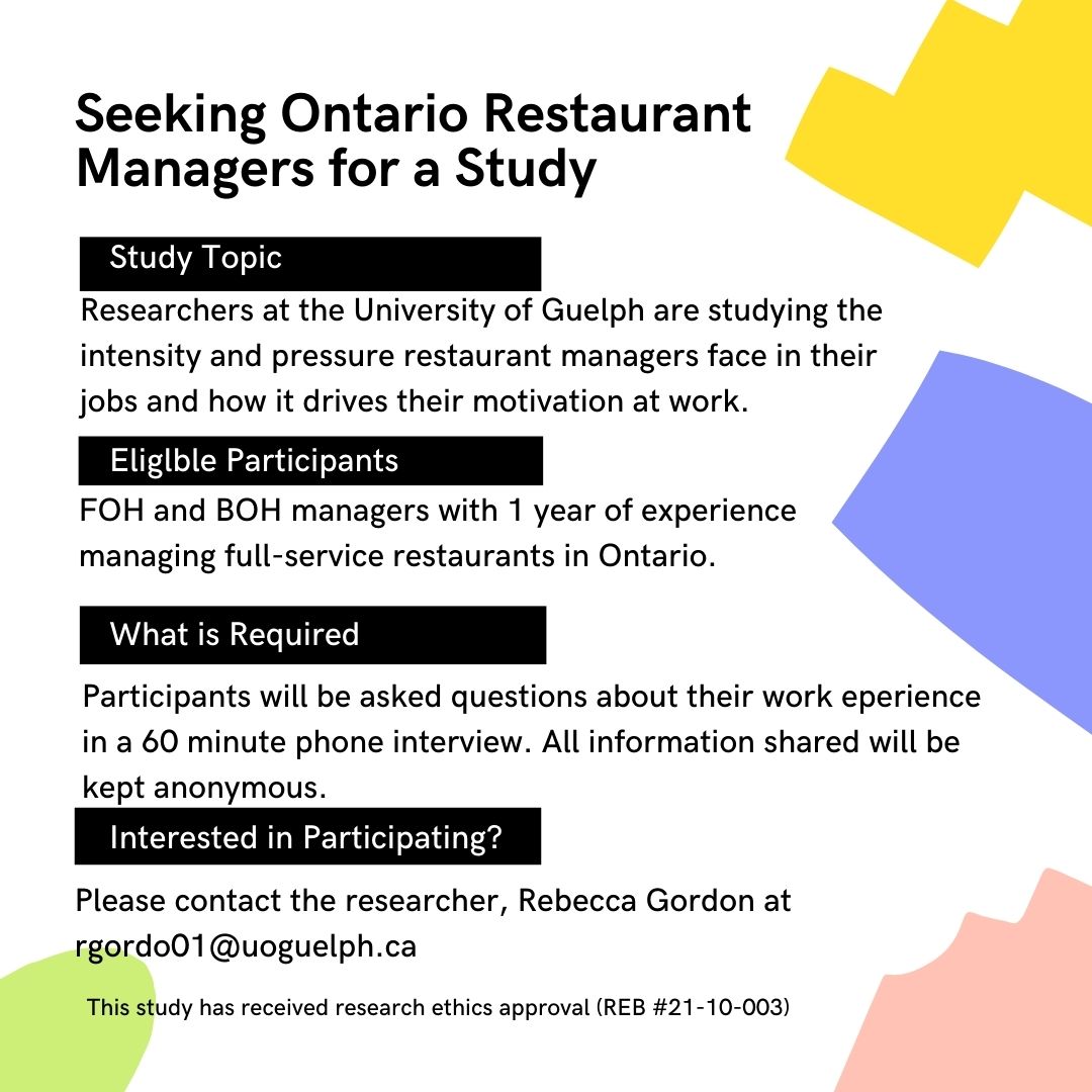 Mark Holmes (@drmarkrholmes) on Twitter photo We’re looking for Ontario FOH and BOH restaurant managers willing to be interviewed about the intensity in their jobs and their motivation to work. Eligibility criteria is shown in the picture. If interested, please reach out to Rebecca at rgordo01@uoguelph.ca We’re looking for Ontario FOH and BOH restaurant managers willing to be interviewed about the intensity in their jobs and their motivation to work. Eligibility criteria is shown in the picture. If interested, please reach out to Rebecca at rgordo01@uoguelph.ca