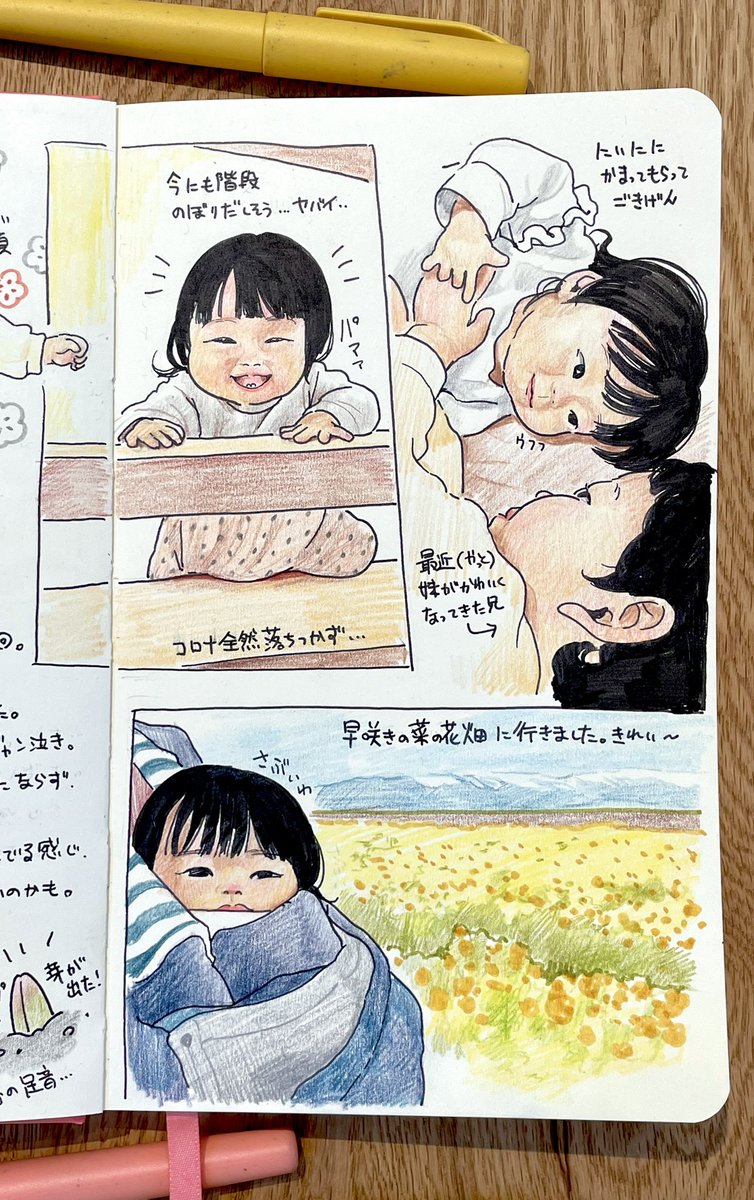 娘10ヶ月の時の記録✍️ 娘の生まれた春がまたやってくる。 来月1歳な訳だけども、この絵日記の本まだ大部分が白紙で、1歳の後どうしようかな悩み中🤔。 #育児日記
