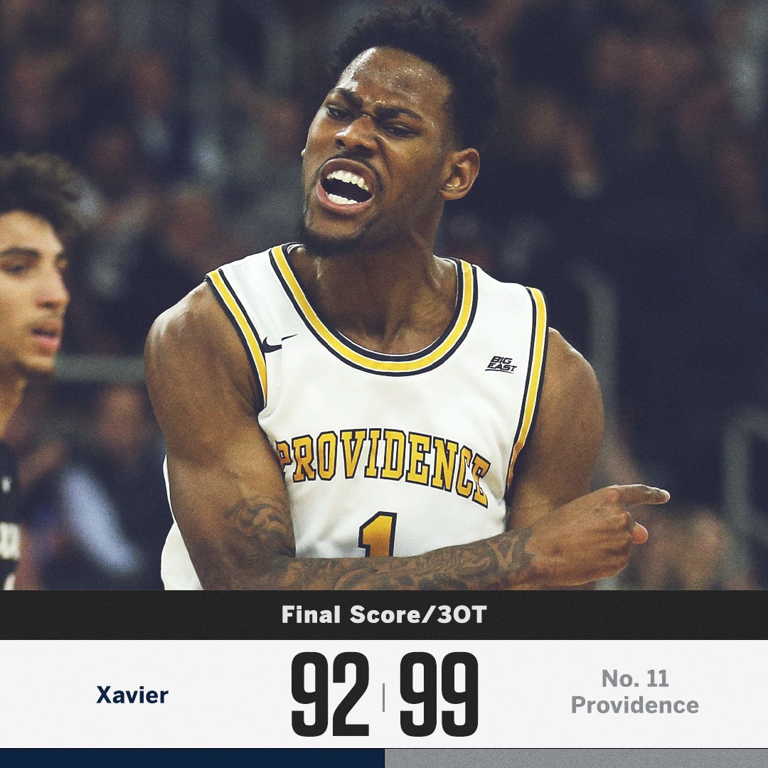 espn's tweet photo. Triple overtime 😱 

No. 11 @PCFriarsmbb outlasts Xavier‼️ https://t.co/I0N67FZGEW