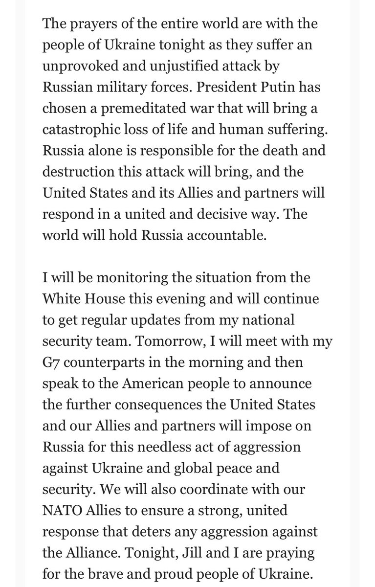 President Biden describes Putin’s military operation as an “unprovoked and unjustified attack on Ukraine.”

He’ll deliver more remarks tomorrow.