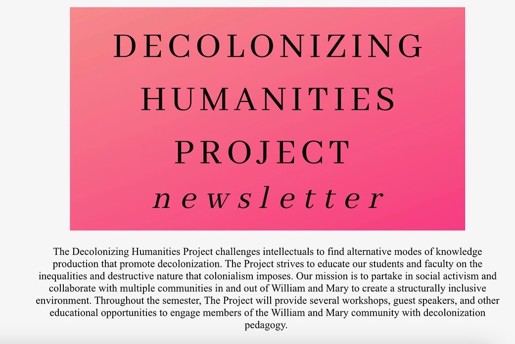 DHPatWM's tweet image. Big news! DHP finally has a newsletter! We are so thankful to have yet another way to engage William and Mary faculty with Decolonization in Higher Education. We are excited to host our first workshop of the semester on March 4th!