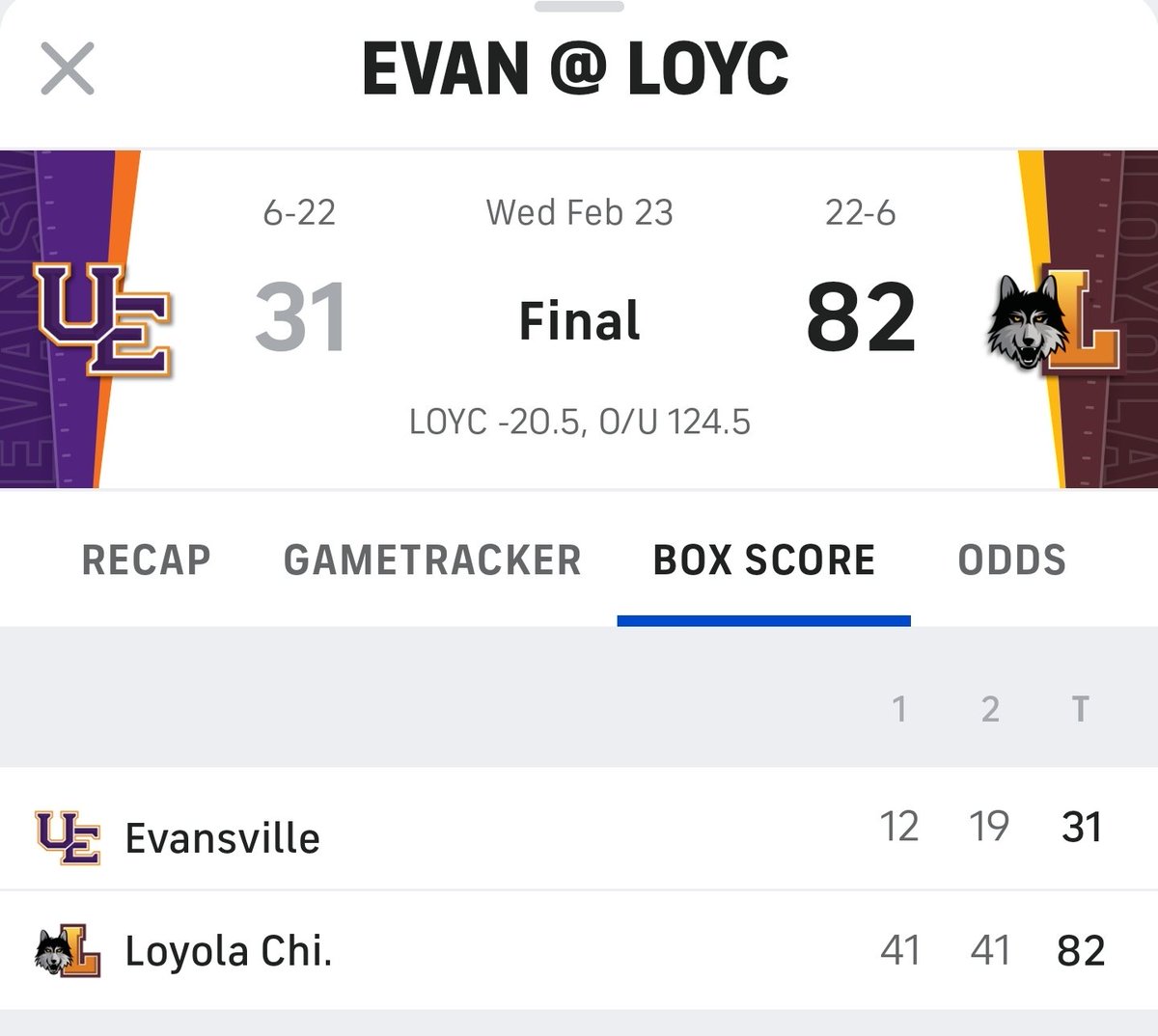 CharlieLittle11's tweet photo. Yikes. Thanks for showing up Evansville. 51 pts is the largest win that I can recall this season in #NCAAB https://t.co/aDXtuXx7or