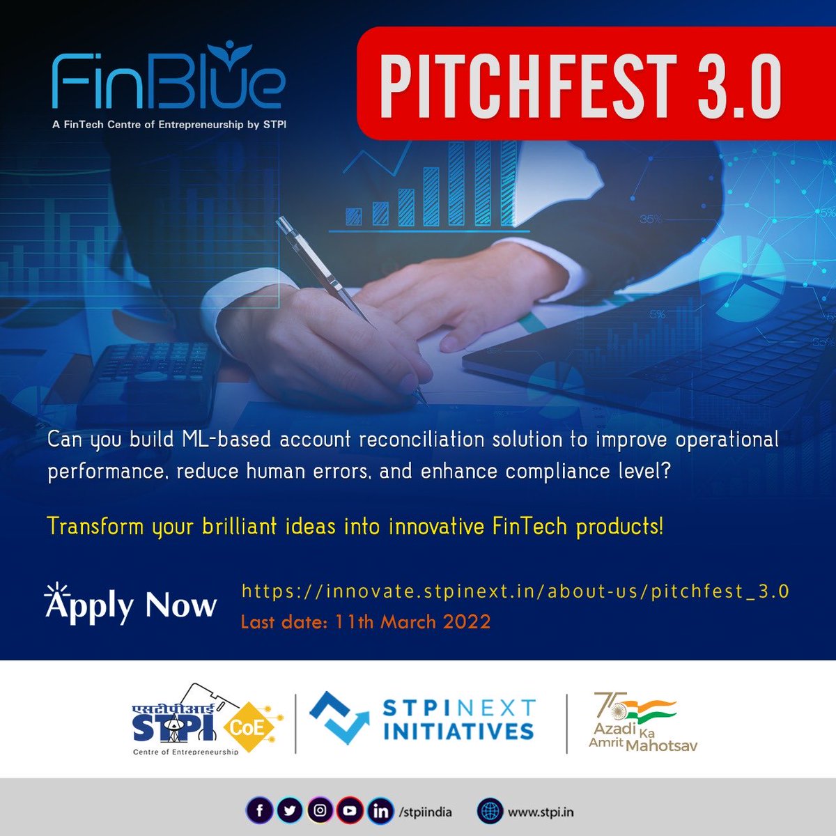 Can you build #ML-based a/c reconciliation soln to improve operational performance, reduce human errors & enhance compliance level? Join #PITCHFEST3.0 of #STPIFinBlue to shape your ideas into smart #FinTech soln. Apply: innovate.stpinext.in/about-us/pitch…. #STPIINDIA #STPICoEs