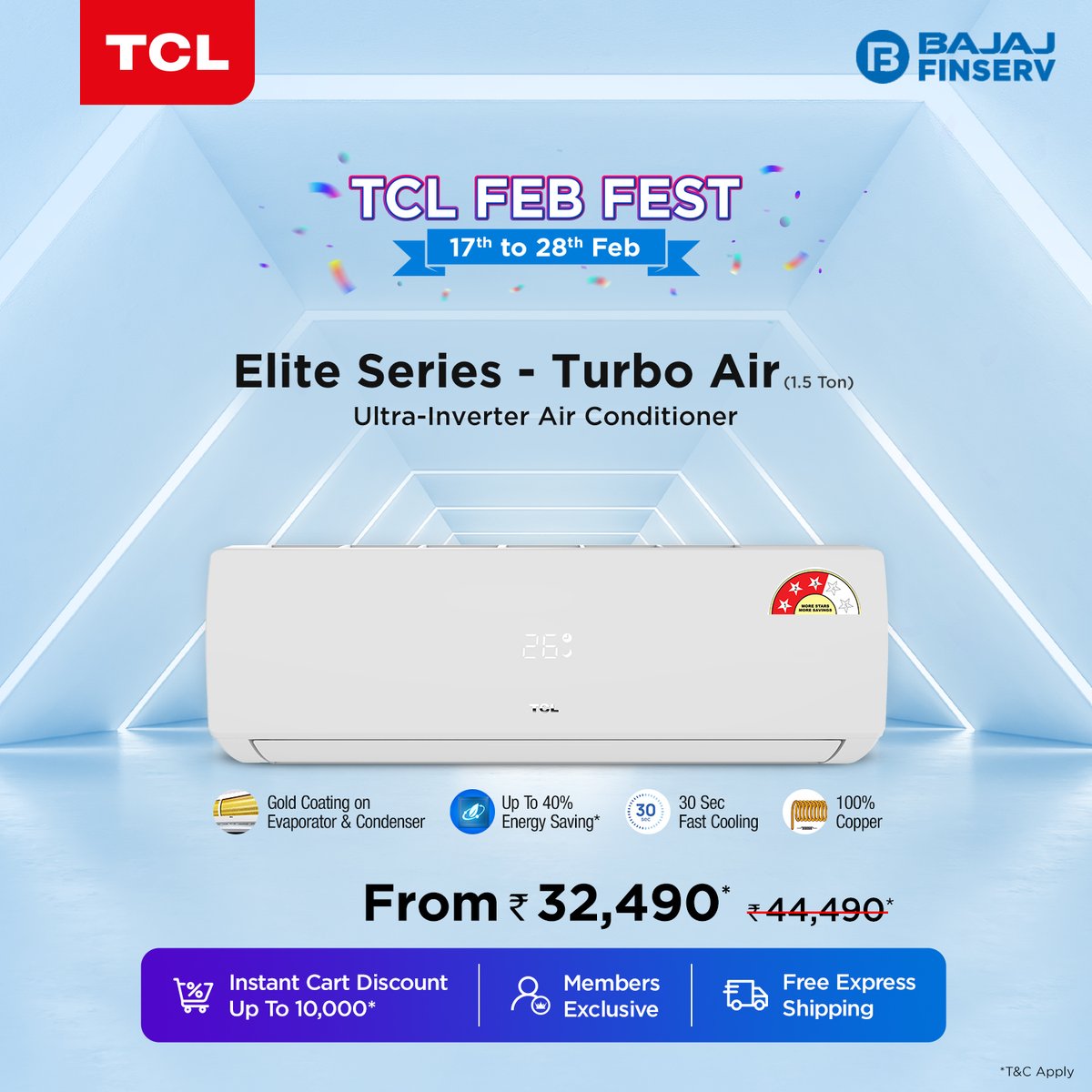 tcl_india's tweet photo. Looking for an AC that cools efficiently and saves energy effortlessly? Then your search is over.
Now grab the #EliteSeries #TurboAir #AC from ₹32,490/- only during #TCLFEBFEST.
Valid only till 28th Feb, hurry now: https://t.co/TYjV6YrqTs
#TCLTheCreativeLife https://t.co/iOHPiJBxnH